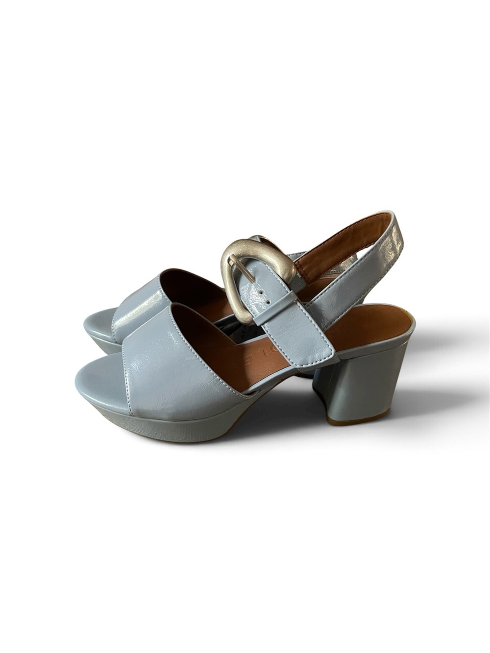 Aerosole Chamber Light Blue Patent Slingback Sandals with Metallic Buckle